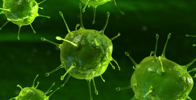 Imagem de uma simulação de visão microscópica representando o que são bactérias, destacando sua estrutura celular esférica e apêndices.