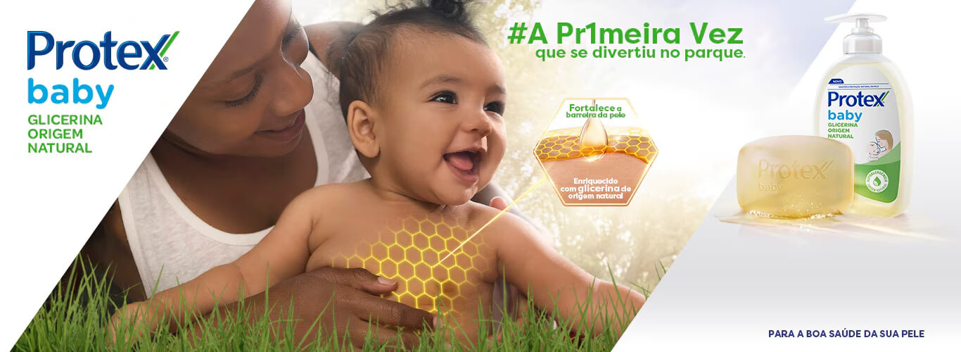 banner de Protex Baby glicerina origem natural com bebê protegido com a mamãe 