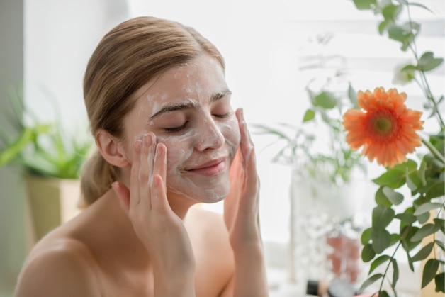 Mulher com expressão serena fazendo sua rotina de skincare com o melhor sabonete para o rosto.